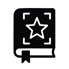 Vector art of a black icon of an open book with a star symbol enclosed in corner brackets on its pages, isolated on a, symbolizing achievement or a special item