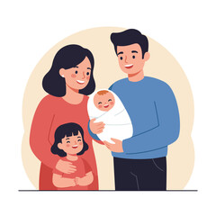 Obraz premium Smiling parents hold their newborn, with older daughter beside them