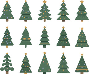 Christmas tree collection, hand drawn festive holiday trees with stars and ornaments, seasonal decoration clipart for winter celebration design and illustration