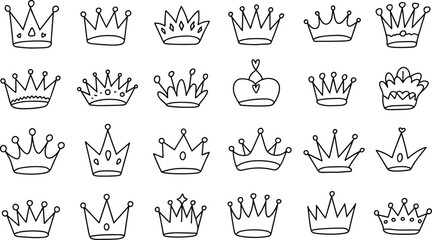 Hand drawn crown icons set, doodle royal tiaras, princess crown sketch, king and queen crowns collection, luxury royalty symbols for design illustration