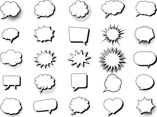 Set of comic speech bubbles, retro cartoon text balloons, empty dialogue clouds, pop art callouts, vintage message frames, conversation symbols for design illustration