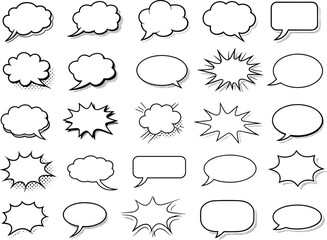 Comic speech bubbles set, blank text balloon collection, retro pop art dialogue frames, cartoon message cloud shapes, empty conversation callouts for design, illustration