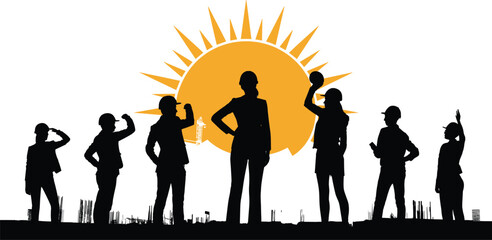 Silhouettes of engineers and construction workers with rising sun background, symbolizing leadership, teamwork, success, victory, achievement, innovation, hope, growth, and bright future in industry