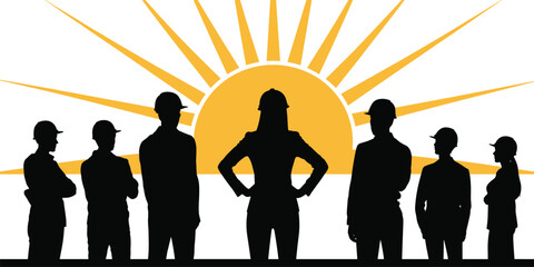 Silhouette of construction engineers and workers standing confidently with rising sun background, symbolizing leadership, teamwork, growth, hope, bright future, success, and engineering industry