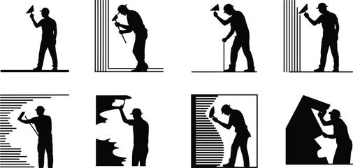 Silhouette set of construction workers plastering and smoothing walls with trowels, showcasing civil construction, wall finishing, renovation process, craftsmanship, teamwork, and building maintenance