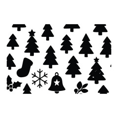 Vector art of a collection of black christmas icons including trees, a stocking, holly, a snowflake, and a bell, isolated on a