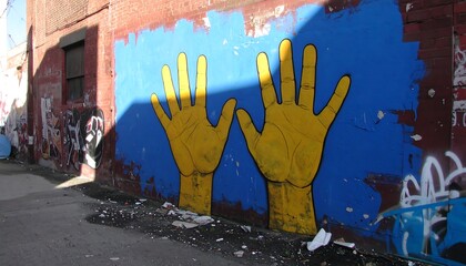 Large Hand Mural on Wall in Alleyway with Blue and Yellow Colors