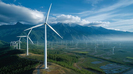 Renewable energy landscape with massive wind turbines, solar panel fields, futuristic eco technology, sustainable development, clear blue skies