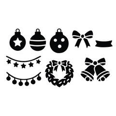 Vector art of collection of black christmas ornaments, festive garland, wreath, bells, and bows, perfect for holiday design elements and decorations