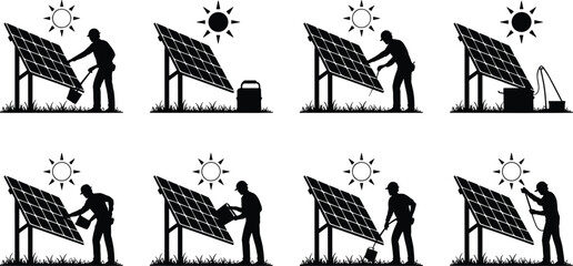 Silhouettes of solar energy workers installing panels, maintaining systems, connecting batteries, wiring, cleaning, renewable energy, green technology, sustainable power