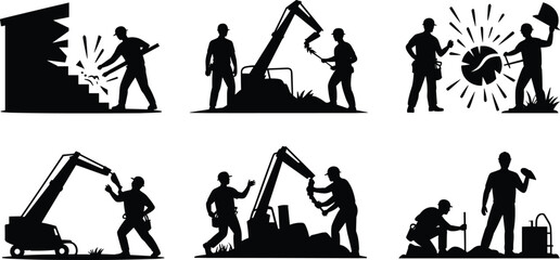Silhouettes of construction workers using heavy machinery, breaking walls, demolition work, underground utility installation, industrial repair, teamwork, building renovation