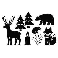 Vector art of collection of black winter forest animals, including a deer, fox, bear, and smaller cub, alongside christmas trees, a candle, and fireworks