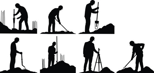 Silhouettes of construction workers with tools digging, drilling, shoveling, and surveying at building site, teamwork, manual labor force, engineering foundation