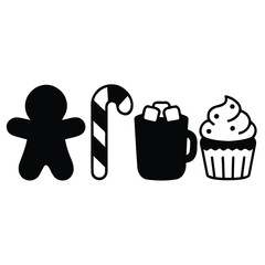 Vector art of set of christmas food and drink icons including gingerbread man, candy cane, hot chocolate, and cupcake