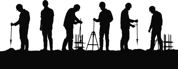 Silhouettes of construction workers drilling and measuring at site, foundation work, surveying, industrial labor force, teamwork, repair, engineering project