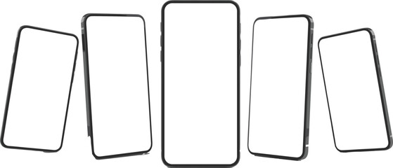 Blank smartphone mockup collection, modern mobile phone screens in angled perspective view, empty digital device templates for app design, UI mockups, and branding