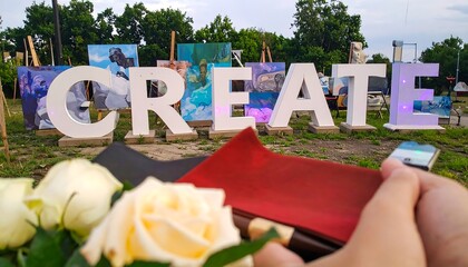 Large White Create Letters with Art Display and Roses in Foreground