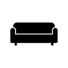 Simple solid black silhouette icon of a modern sofa or loveseat with rounded edges, symbolizing comfort, home decor, furniture, and a living room or office lounge.