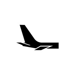 Abstract solid black silhouette icon of an aircraft's tail wing and horizontal stabilizer, symbolizing aviation, flight, direction, control, and air travel design elements.