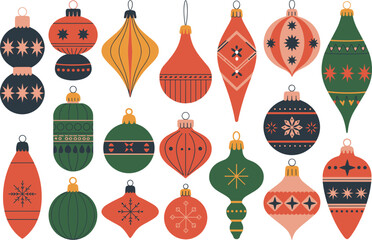 Christmas ornaments collection, festive baubles set in retro style, holiday tree decorations with snowflakes, stars and patterns for seasonal winter celebration design