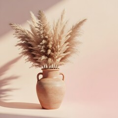 Bohemian-inspired terracotta vase filled with dried pampas grass, casting soft shadows against a minimalist backdrop