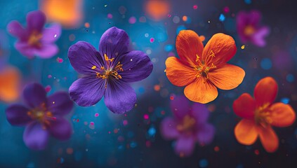 Vivid, floating blossoms in a field of color, shimmering against a blurred, blue backdrop