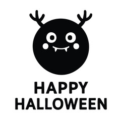 Vector art of a cute, round black monster with small horns and fangs, smiling with the text happy halloween below, isolated on a, perfect for festive greetings