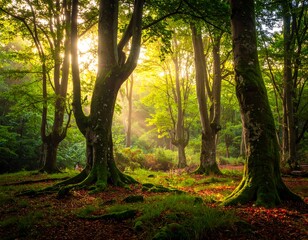 Sunlit Forest - A Serene Woodland Scene with Towering Trees.