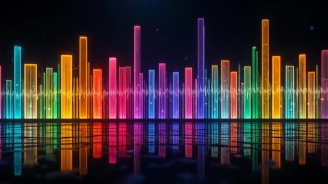 Colorful sound wave bar with glowing neon lights and reflections on a black background, audio visualization of musical energy. 4k video