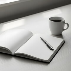 Peaceful monochrome workspace Open blank journal, pen, and coffee cup by a sunlit window, inspiring quiet reflection, creative writing, and new ideas