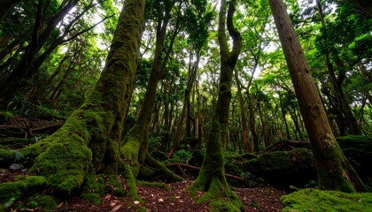 Lush Forest Landscape with Green Trees and Mossy Ground Sunlight Filtering Through
