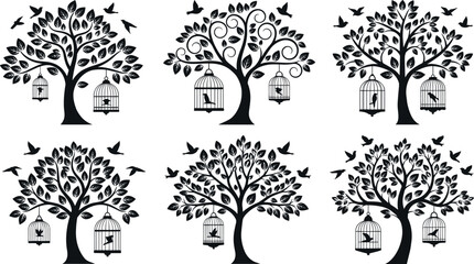Obraz premium Stylized black and white tree illustrations with birdcages and flying birds, nature freedom concept, decorative silhouette vector art design