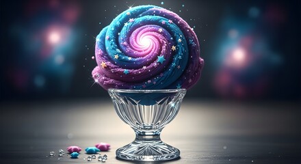 Cosmic Swirl Cupcake in a Crystal Dish with Galaxy Sparkles and Soft Bokeh Background