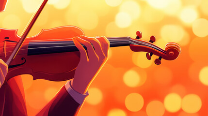 Warm Tone Illustration of a Violin Player with Bokeh Lights Background