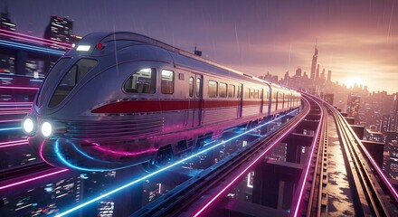 Futuristic High-Speed Train Journey A Technological Marvel Amidst Neon-Lit Cityscape at Dusk