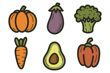 Collection of six hand-drawn vegetables including pumpkin, eggplant, broccoli, carrot, avocado, and bell pepper on transparent background for healthy food concept.