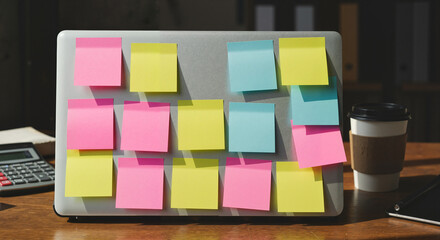 Laptop with colorful sticky notes on desk next to coffee cup  