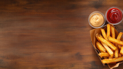Overhead Delicious Golden French Fries with Dipping Sauce on Rustic Wood