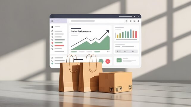 Business growth and logistics represented by charts and shipping boxes