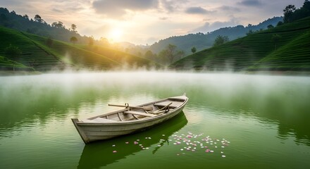 Peaceful rowing boat adrift on a serene lake surrounded by mist and rolling hills at sunrise