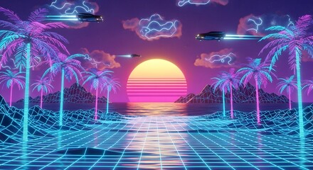 A stunning retro-futuristic landscape, vibrant neon synthwave sunset with flying vehicles traversing a digital grid ocean, framed by glowing palm trees