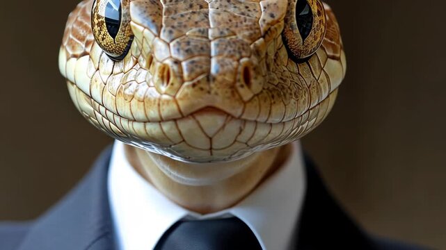 Deceptive Corporate reptile: A striking image of a snake wearing a business suit, merging the concepts of danger and corporate environment. This photo, showcasing the metaphor of a calculating.
