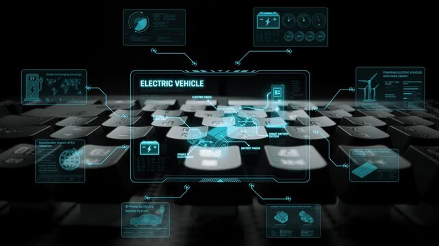 Technical layout of electric vehicle showing battery system, power control, traction motor, charging interface, and integration with renewable and smart energy sources Marrow