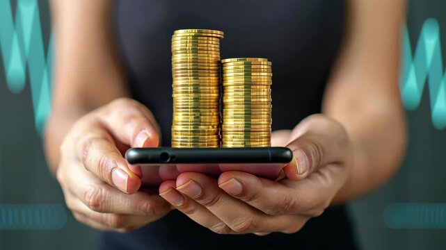 Mobile Investment & Financial Growth: A person's hands gently cradle a mobile phone, showcasing stacked coins on the screen, visually representing smart investment and financial advancement.