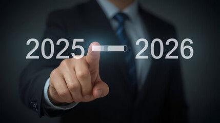 Businessman's finger touches progress bar between 2025 and 2026