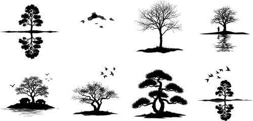 Tree silhouette landscape with reflections, birds, and people in nature scenes, perfect for environmental, outdoor, and peaceful design themes