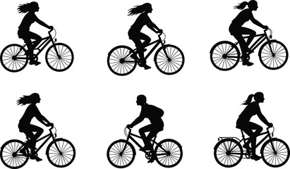 Obraz premium Cycling silhouette illustration, people riding bicycles, outdoor fitness activity, healthy lifestyle exercise, bike riding sport, transportation, leisure, recreation, active movement