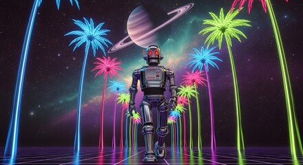 Retro-Futuristic Scene with a Cyborg on a Cosmic Journey Among Glowing Neon Palms