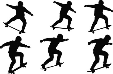 Silhouette of skateboarder performing tricks, skateboarding action, extreme sport, urban lifestyle, balance skill, youth activity, stunt movement, outdoor adventure, culture