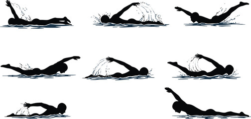 Silhouette of swimmer training in water, freestyle stroke, butterfly swimming, sports activity, fitness exercise, competition, aquatic sport, swimming athlete vector
